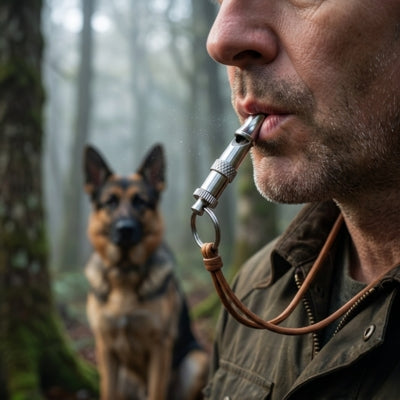Gros plan d'un homme utilisant un sifflet ultrason pour chien avec un Berger Allemand au second plan.