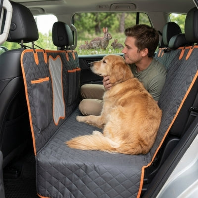 Homme avec Golden Retriever sur un tapis chien voiture protection observant des lapins.