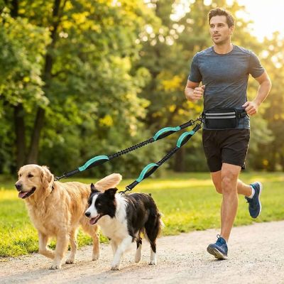Homme courant avec deux chiens et une laisse main libre pour chien.