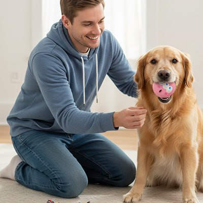 Homme à genoux présentant une balle chien rose à son Golden Retriever assis.