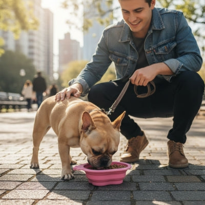 Homme accroupi tenant la laisse d'un Bouledogue mangeant dans une gamelle pour chien rose.