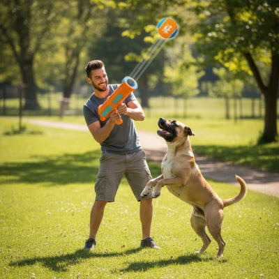 Homme au parc avec un Bullmastiff et un lanceur de balle pour chien orange.