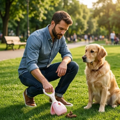 Homme avec Golden Retriever utilisant une pelle a crotte chien rose dans un parc verdoyant.