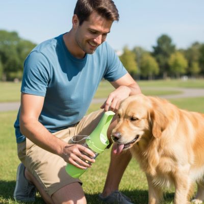 Homme versant de l'eau à son Golden Retriever avec une gourde pour chien.