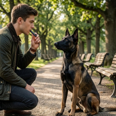 Homme accroupi dans une allée utilisant un sifflet pour chien ultrason face à un Malinois.