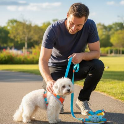Homme avec un Bichon blanc portant un harnais chien orange et bleu lors d'une promenade au parc.
