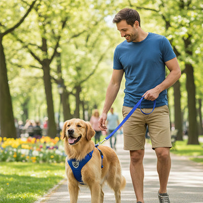 Un homme sourit en promenant son Golden Retriever équipé d'un harnais chien bleu ergonomique dans une allée de parc ensoleillée.