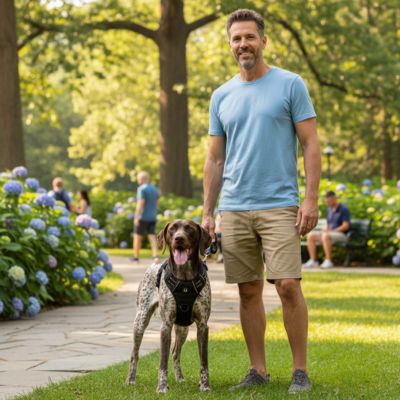 Homme et son Braque portant un harnais anti traction chien noir dans un parc.
