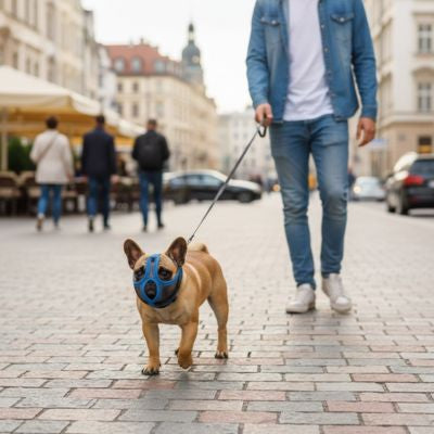 Homme en jean promenant son chien avec une muselière pour bouledogue français bleue en rue.