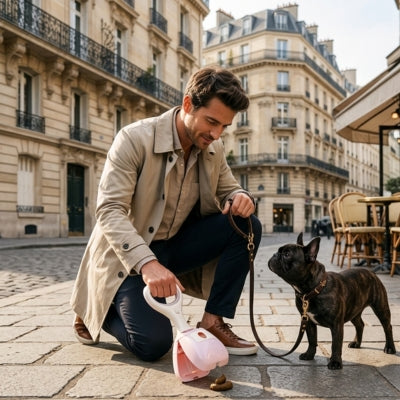 Homme avec un Bouledogue Français dans une rue utilisant une pelle a crotte chien.