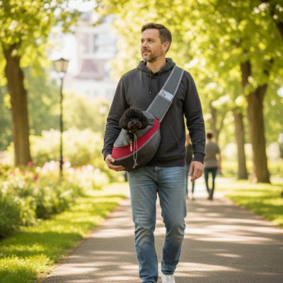 Homme en sweat noir marchant avec un caniche noir dans son chien sac de transport rouge et gris.