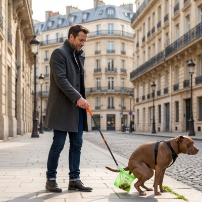 Homme en manteau à Paris avec un Pitbull en harnais et le ramasse crottes pour chien.