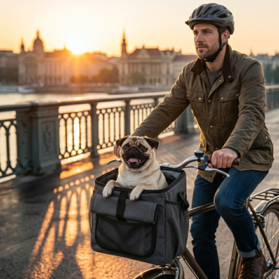 Cycliste sur un pont au coucher du soleil avec un Carlin dans son panier vélo pour chien.