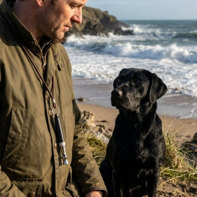 Homme avec un sifflet ultrason pour chien autour du cou et un Labrador noir au bord de la mer.