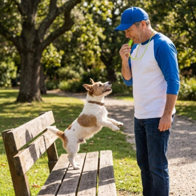 Homme au sifflet pour chien ultrason avec un Jack Russell Terrier sautant sur un banc.