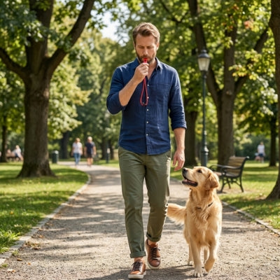 Homme marchant avec son Golden Retriever tout en utilisant un sifflet pour chien ultrason rouge.