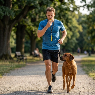 Homme courant dans un parc avec un Rhodesian Ridgeback et utilisant un sifflet ultrason pour chien.