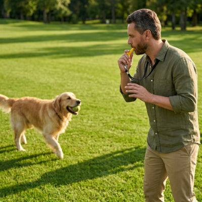 Homme dans l'herbe soufflant dans un sifflet ultrason pour chien avec un Golden Retriever.