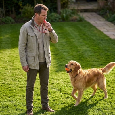Homme utilisant un sifflet pour chien ultrason devant un Golden Retriever tenant une balle.
