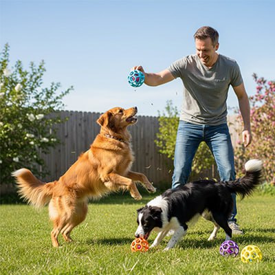Homme lançant une balle pour chien à un Golden Retriever et un Border Collie dans un jardin.