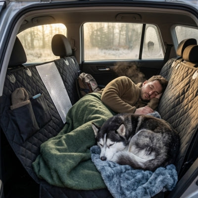 Homme et Husky dormant sur une housse pour voiture pour chien matelassée sous une couverture.