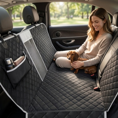 Femme souriante avec un Teckel sur une housse pour voiture pour chien installée sur la banquette.