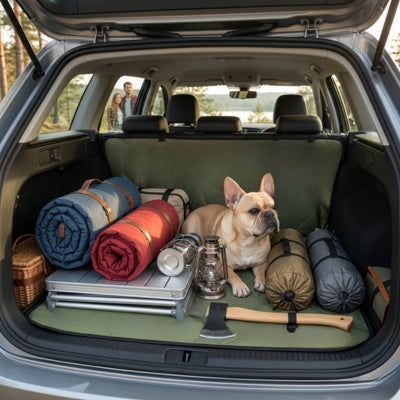 Bouledogue français dans un coffre avec housse protection voiture chien verte et matériel camping.