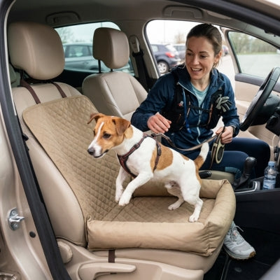 Jack Russell sautant dans une housse protection voiture chien beige matelassée.