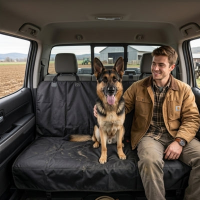Homme et son Berger Allemand sur une housse protection voiture chien noire dans un pick-up.