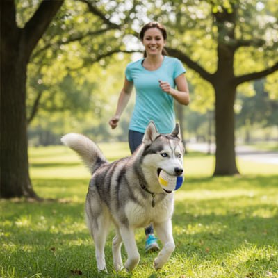 Chien Husky sibérien courant dans un parc avec sa balle chien dans la gueule.