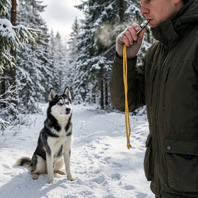 Husky sibérien assis dans la neige attendant le signal d'un sifflet à ultrason pour chien.