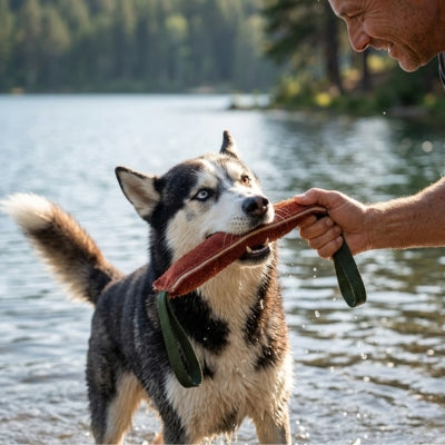 Husky Sibérien dans l'eau tenant fermement son jouet pour chien indestructible avec son maître.