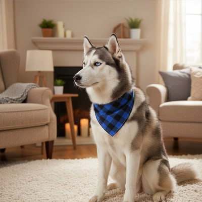 Chien Husky sibérien de profil avec un bandana pour chien bleu et noir dans un salon moderne.