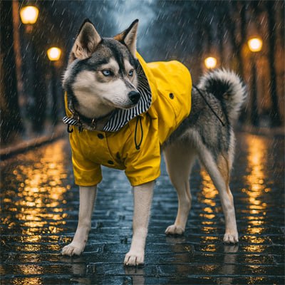 Husky sibérien portant un imperméable pour chien jaune sous une pluie battante.