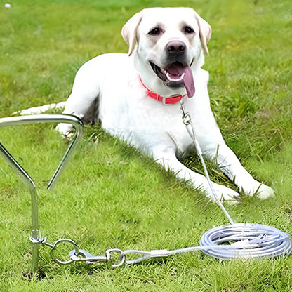 Laisse de chien-StrongCb™ : Ce labrador couché dans le jardin en sécurité grâce à sa laisse en fil d'acier inoxydable et d'un revêtement en PVC de couleur argenté accroché à un piquet