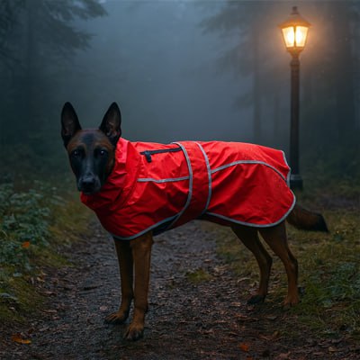 Berger malinois avec imperméable pour chien rouge sous un lampadaire dans la brume.