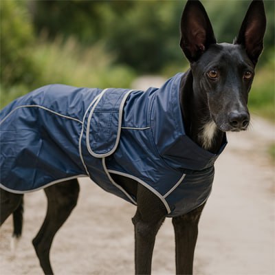 Lévrier portant un imperméable pour chien bleu sur un chemin, vu de profil.