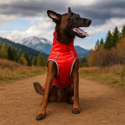 Berger malinois portant un imperméable pour chien rouge dans un décor de montagne.