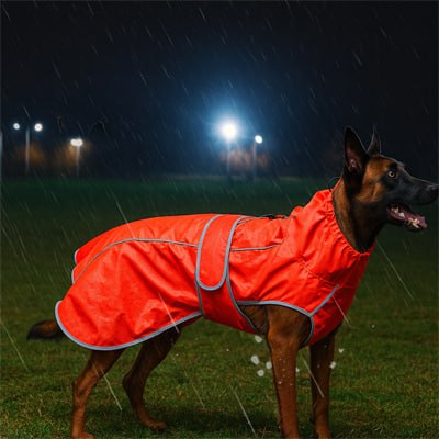 Berger malinois sous la pluie nocturne avec un imperméable pour chien rouge.