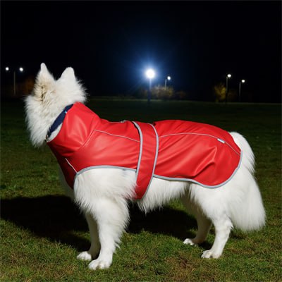 Chien à poils longs portant un imperméable pour chien rouge de nuit en extérieur.