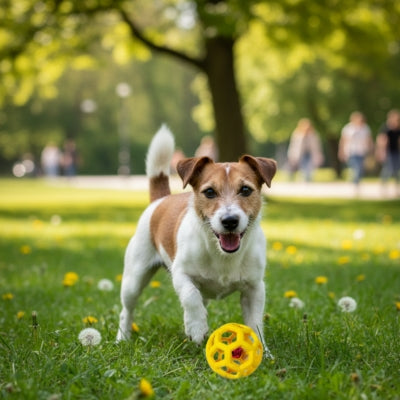 Chien Jack Russell Terrier debout dans l'herbe devant une balle pour chien jaune ajourée.