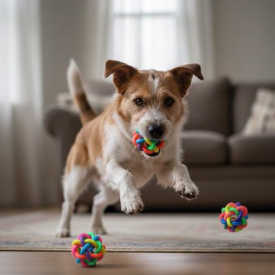 Jack Russell Terrier en plein saut attrapant une balle pour chien multicolore au salon.