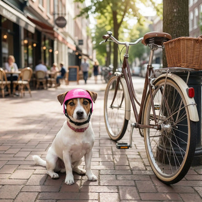Jack Russell Terrier assis sur un trottoir portant un casque moto pour chien rose, à côté d'un vélo.