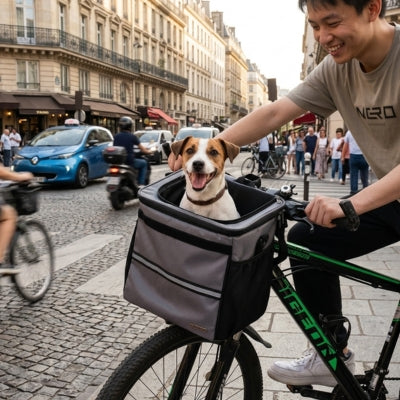 Un Jack Russell souriant dans un velo panier chien gris, un homme à vélo à ses côtés.