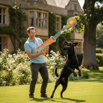 Homme devant un manoir avec un Labrador noir et le lanceur de balle pour chien Wow! Play.
