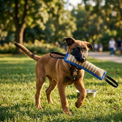 Jeune Malinois marchant dans un parc avec un jouet pour chien indestructible bleu et beige.