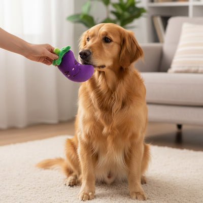 Chien Golden Retriever assis prenant un jouet chien aubergine tendu par une main.