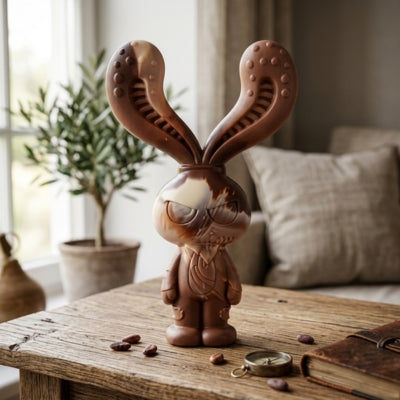 Jouet chien indestructible marron en forme de lapin posé sur une table en bois rustique.
