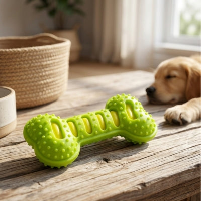 Gros plan d'un jouet chien kong vert sur une table en bois avec un chien flou en arrière-plan.