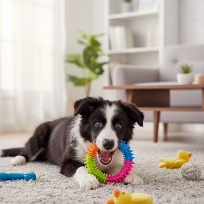 Border Collie allongé sur un tapis gris tenant un jouet chien anneau multicolore à picots.